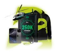 Imagem do prêmio contendo: IPHONE 16 PRO + MOLETOM + PASSEIO DE HELICÓPTERO + PULSEIRA 250K