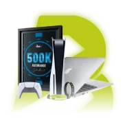 Imagem do prêmio contendo: PS5 + MACBOOKS + PRÊMIO SURPRESA + PULSEIRA 500K