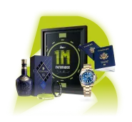 Imagem do prêmio contendo: PULSEIRA 1M + VIAGEM INTERNACIONAL + RELÓGIO ROLEX + ROYAL SALUTE 21 ANOS + ACESSO AO CLUBE BET AKI